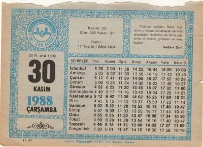 30 Kasım 1988 Takvim Yaprağı EFM(N)3460 - 1