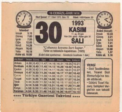 30 Kasım 1993 Takvim Yaprağı EFM(N)3884 - 1