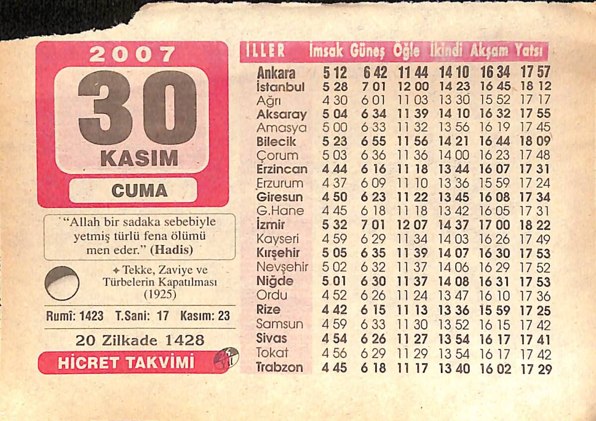 30 Kasım 2007 Takvim Yaprağı - Doğum Günü Hediyesi EFMN15991 - 1