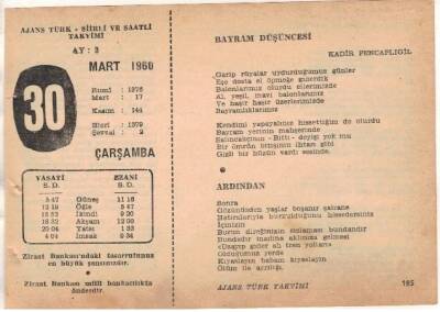 30 Mart 1960 Ajans Türk Takvim Yaprağı (Şiirli Saatli) EFM(N)1556 - 2
