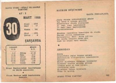 30 Mart 1960 Ajans Türk Takvim Yaprağı (Şiirli Saatli) EFM(N)1556 - 1