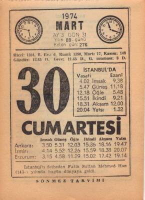 30 Mart 1974 Takvim Yaprağı EFM(N)5909 - 4