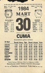 30 Mart 1984 Takvim Yaprağı - Doğum Günü Hediyesi EFM(N)11557 - Gökçekoleksiyon