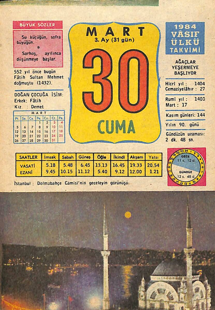 30 Mart 1984 Takvim Yaprağı - Doğum Günü Hediyesi EFMN15196 - 1