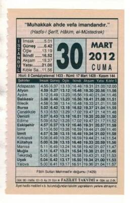 30 Mart 2012 Takvim Yaprağı EFM(N)1900 - 2