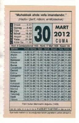 30 Mart 2012 Takvim Yaprağı EFM(N)1900 - 1