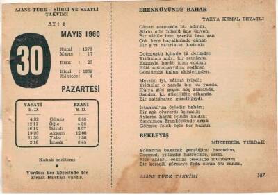 30 Mayıs 1960 Ajans Türk Takvim Yaprağı (Şiirli Saatli) EFM(N)1616 - 1
