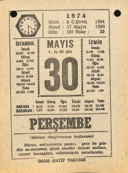 30 Mayıs 1974 Takvim Yaprağı - Doğum Günü Hediyesi EFM(N)11976 - Gökçekoleksiyon