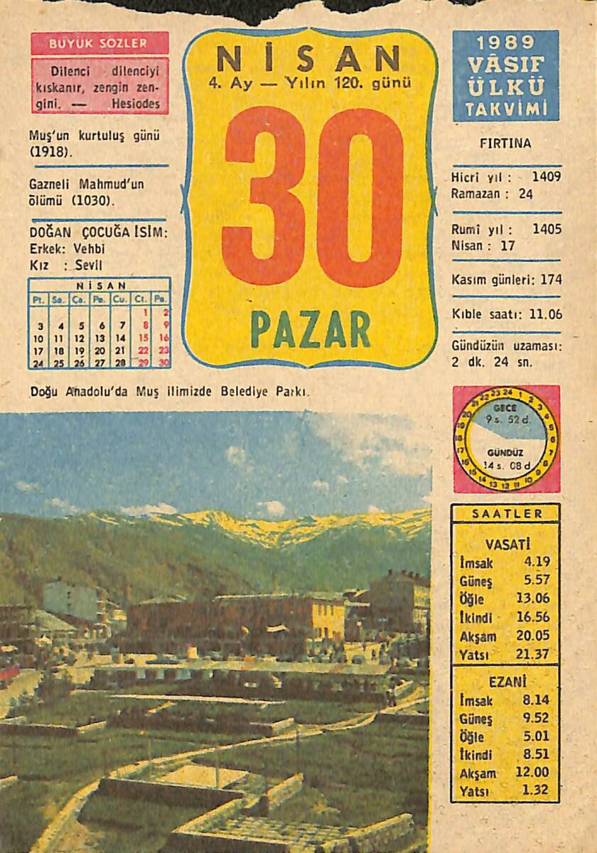 30 Nisan 1989 Takvim Yaprağı - Doğum Günü Hediyesi EFMN13710 - 1