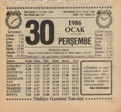 30 Ocak 1986 Takvim Yaprağı EFM(N)5048 - Gökçekoleksiyon