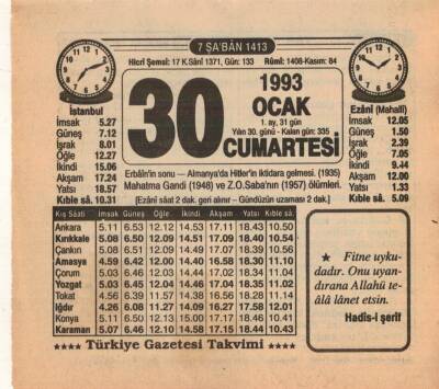 30 Ocak 1993 Takvim Yaprağı EFM(N)4862 - 1
