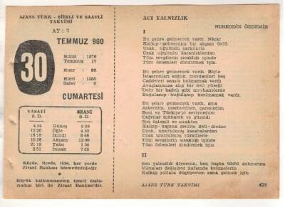 30 Temmuz 1960 Ajans Türk Takvim Yaprağı (Şiirli Saatli) EFM(N) 1677 - 3