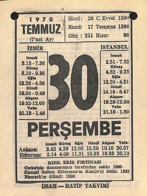 30 Temmuz 1970 Takvim Yaprağı - Doğum Günü Hediyesi EFM(N)12501 - 1