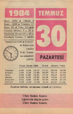 30 Temmuz 1984 Takvim Yaprağı EFM(N)2188 - 3