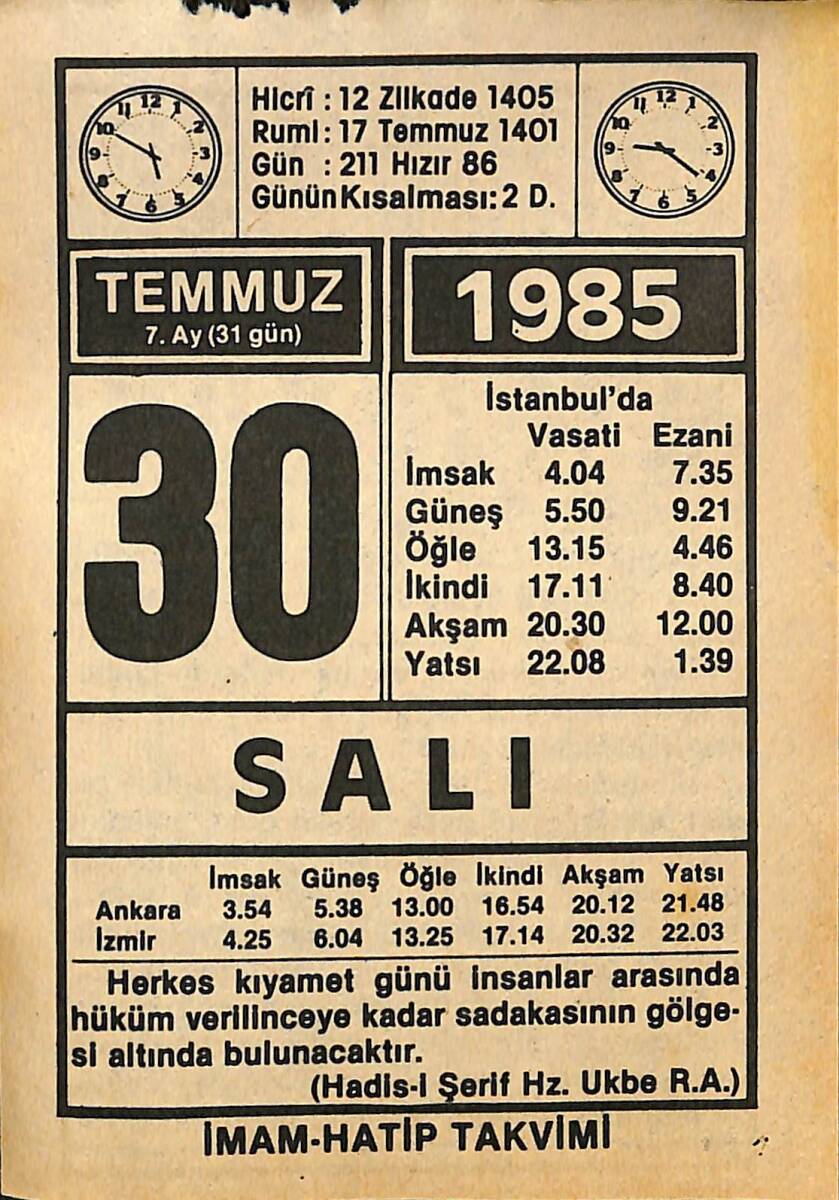 30 Temmuz 1985 Takvim Yaprağı - Doğum Günü Hediyesi EFMN15714 - 1