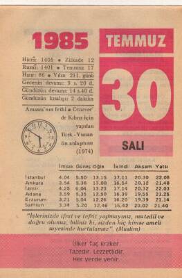 30 Temmuz 1985 Takvim Yaprağı EFM(N)2189 - 2