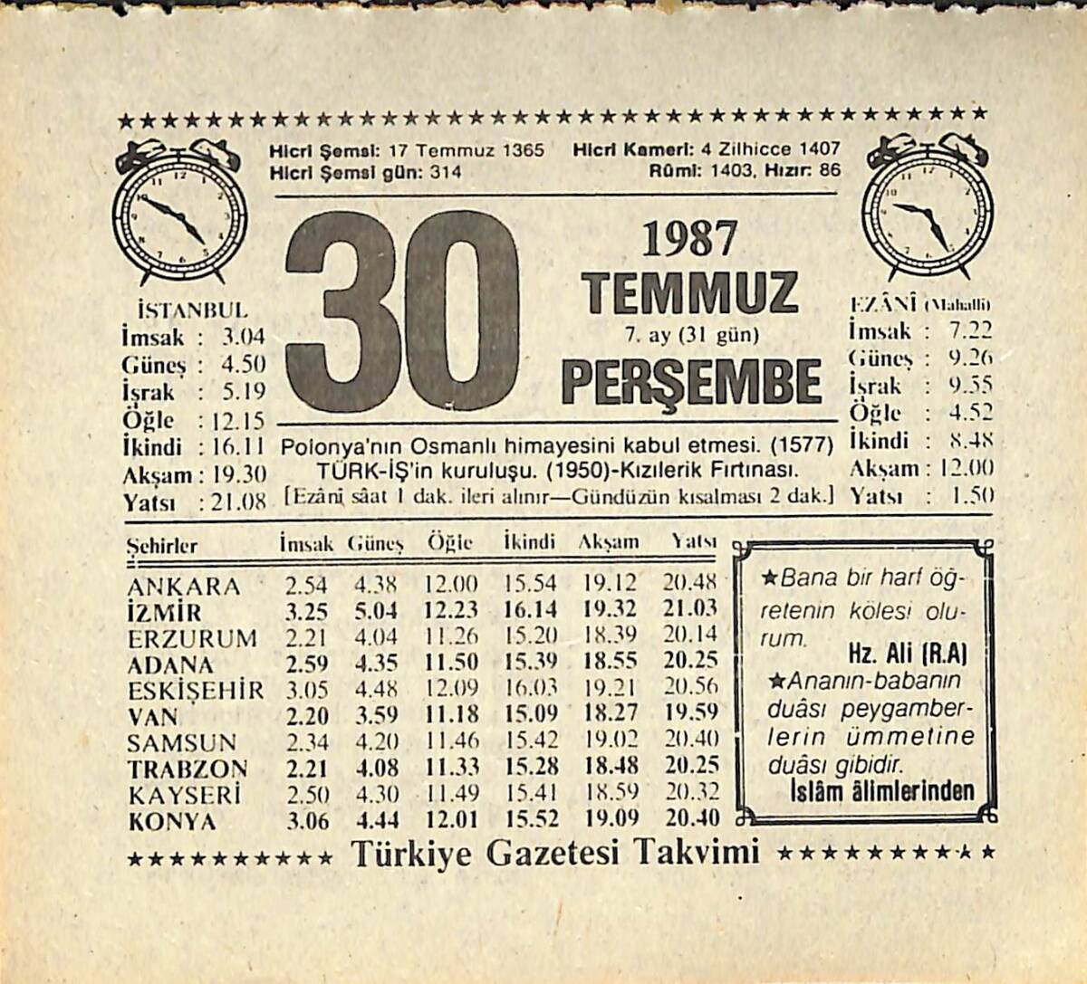 30 Temmuz 1987 Takvim Yaprağı - Doğum Günü Hediyesi EFMN13842 - 1
