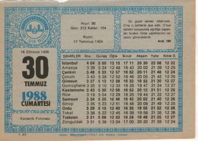 30 Temmuz 1988 Takvim Yaprağı EFM(N)2191 - 2