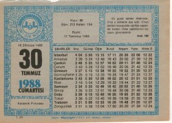 30 Temmuz 1988 Takvim Yaprağı EFM(N)2191 - 1