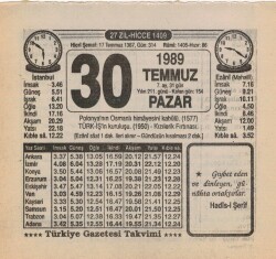 30 Temmuz 1989 Takvim Yaprağı EFM(N)2192 - 2