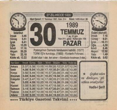 30 Temmuz 1989 Takvim Yaprağı EFM(N)2192 - 2