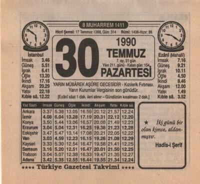30 Temmuz 1990 Takvim Yaprağı EFM(N)2193 - 2