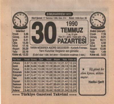 30 Temmuz 1990 Takvim Yaprağı EFM(N)2193 - 1