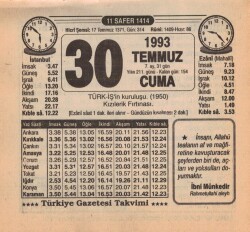 30 Temmuz 1993 Takvim Yaprağı EFM(N)2194 - 2