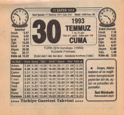 30 Temmuz 1993 Takvim Yaprağı EFM(N)2194 - 2