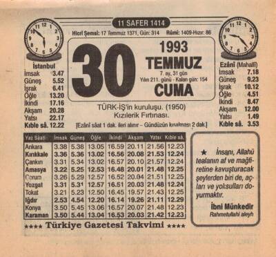 30 Temmuz 1993 Takvim Yaprağı EFM(N)2194 - 1