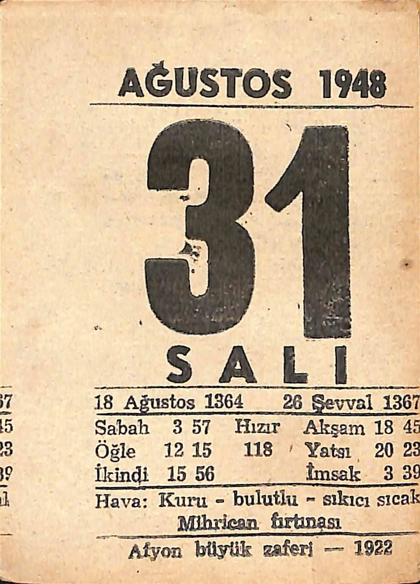 31 Ağustos 1948 Takvim Yaprağı - Doğum Günü Hediyesi EFMN14407 - 1