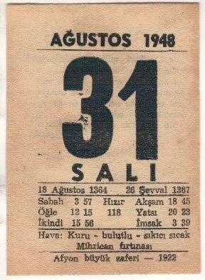 31 Ağustos 1948 Takvim Yaprağı EFM(N)1477 - 2
