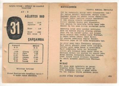 31 Ağustos 1960 Ajans Türk Takvim Yaprağı (Şiirli Saatli) EFM(N) 1709 - 4
