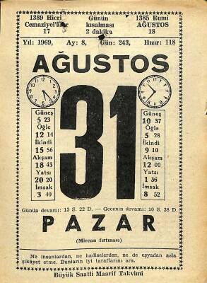 31 Ağustos 1969 Takvim Yaprağı - Doğum Günü Hediyesi EFM(N)11073 - 1