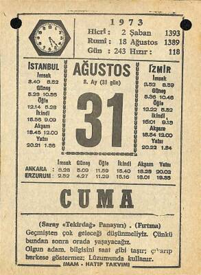 31 Ağustos 1973 Takvim Yaprağı - Doğum Günü Hediyesi EFM(N)10131 - 3