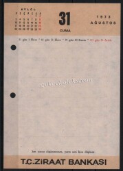 31 Ağustos 1973 Ziraat Bankası Takvim Yaprağı EFM621 - 1