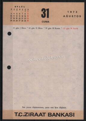 31 Ağustos 1973 Ziraat Bankası Takvim Yaprağı EFM621 - 1