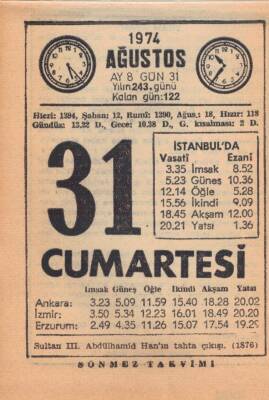 31 Ağustos 1974 Takvim Yaprağı EFM(N)2570 - 3