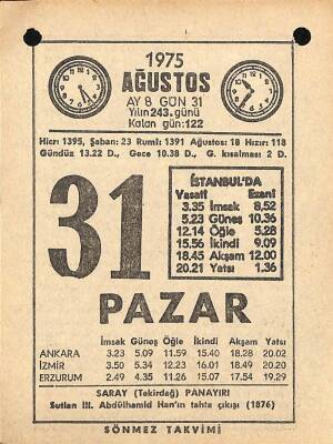 31 Ağustos 1975 Takvim Yaprağı - Doğum Günü Hediyesi EFM(N)9667 - 2