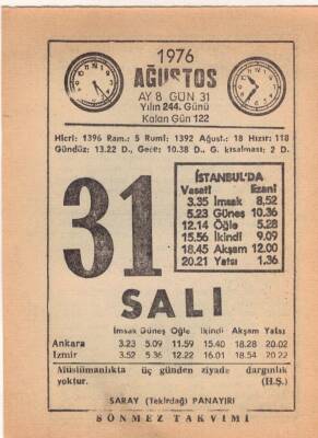 31 Ağustos 1976 Takvim Yaprağı EFM(N)2571 - 1