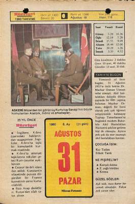 31 Ağustos 1980 Takvim Yaprağı - Doğum Günü Hediyesi EFM(N)9585 - 1