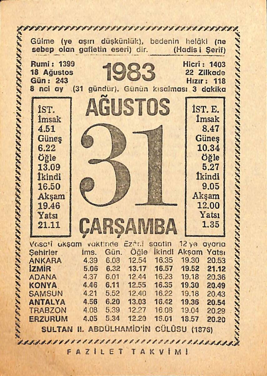 31 Ağustos 1983 Takvim Yaprağı - Doğum Günü Hediyesi EFMN15395 - 1