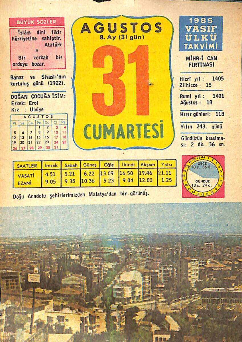 31 Ağustos 1985 Takvim Yaprağı - Doğum Günü Hediyesi EFMN13996 - 1