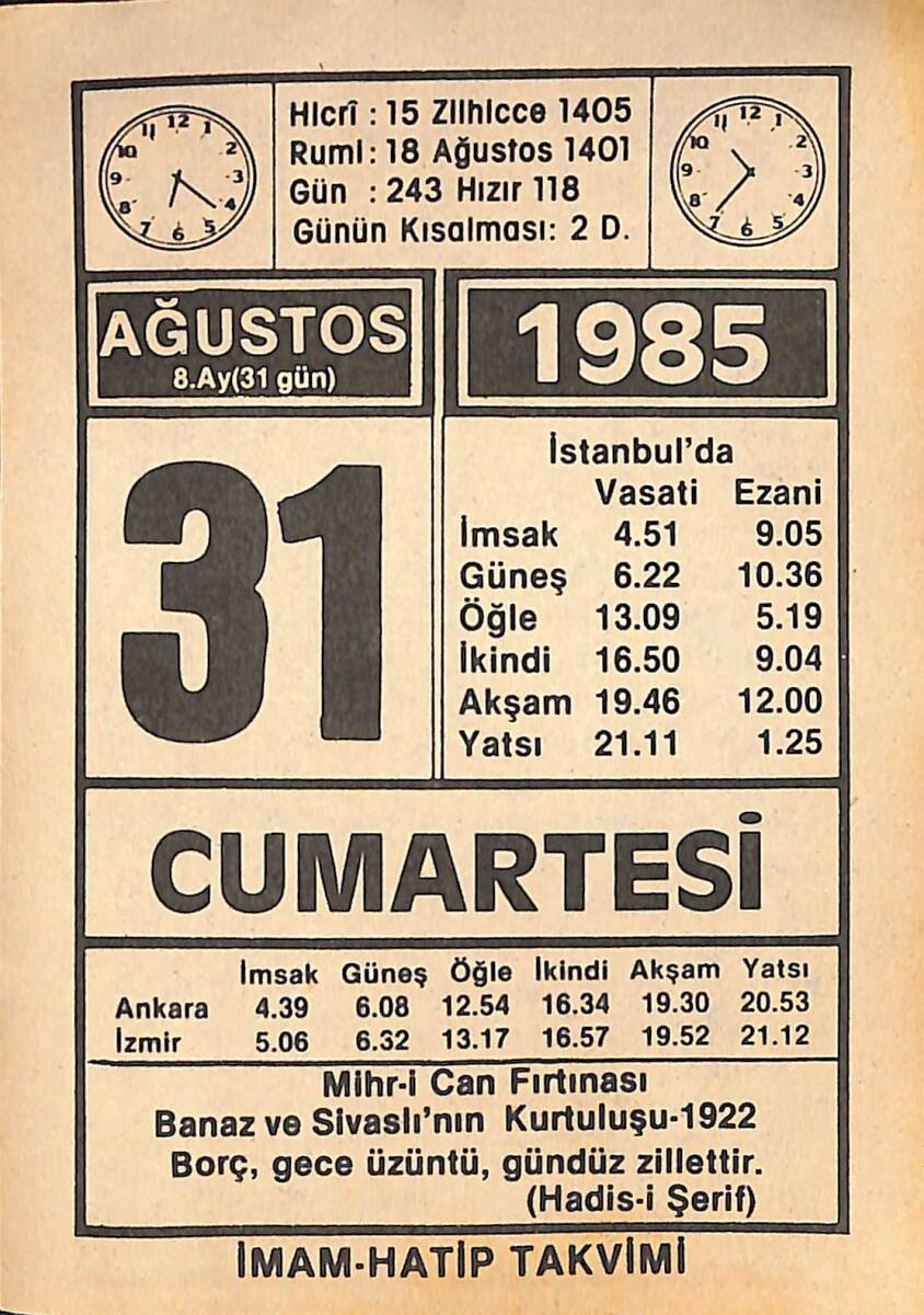 31 Ağustos 1985 Takvim Yaprağı - Doğum Günü Hediyesi EFMN15825 - 1