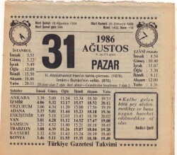 31 Ağustos 1986 Takvim Yaprağı EFM(N)2574 - 2