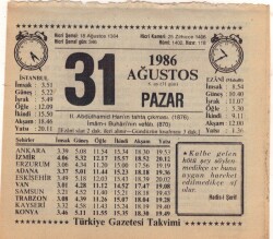 31 Ağustos 1986 Takvim Yaprağı EFM(N)2574 - 1