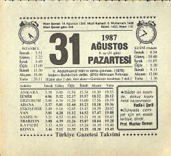 31 Ağustos 1987 Takvim Yaprağı - Doğum Günü Hediyesi EFMN13874 - Gökçekoleksiyon