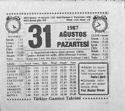 31 Ağustos 1987 Takvim Yaprağı - Doğum Günü Hediyesi EFMN13935 - Gökçekoleksiyon