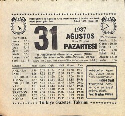 31 Ağustos 1987 Takvim Yaprağı - Doğum Günü Hediyesi EFMN15852 - Gökçekoleksiyon