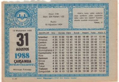 31 Ağustos 1988 Takvim Yaprağı EFM(N)2575 - 3